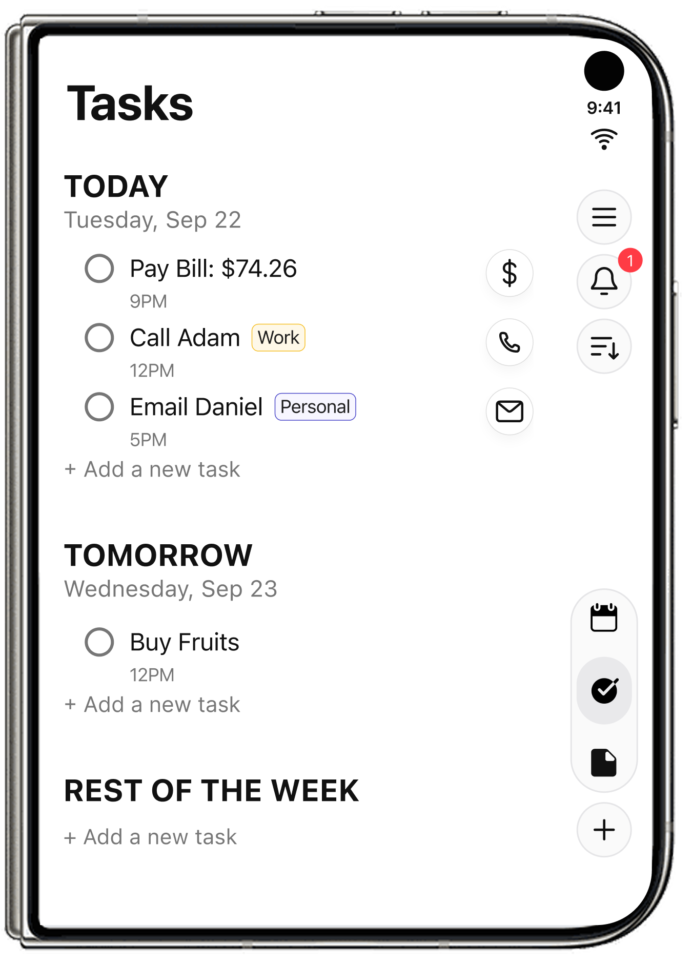 24me Tasks on the closed outer display, grouped into Today, Tomorrow, and Rest of the Week
