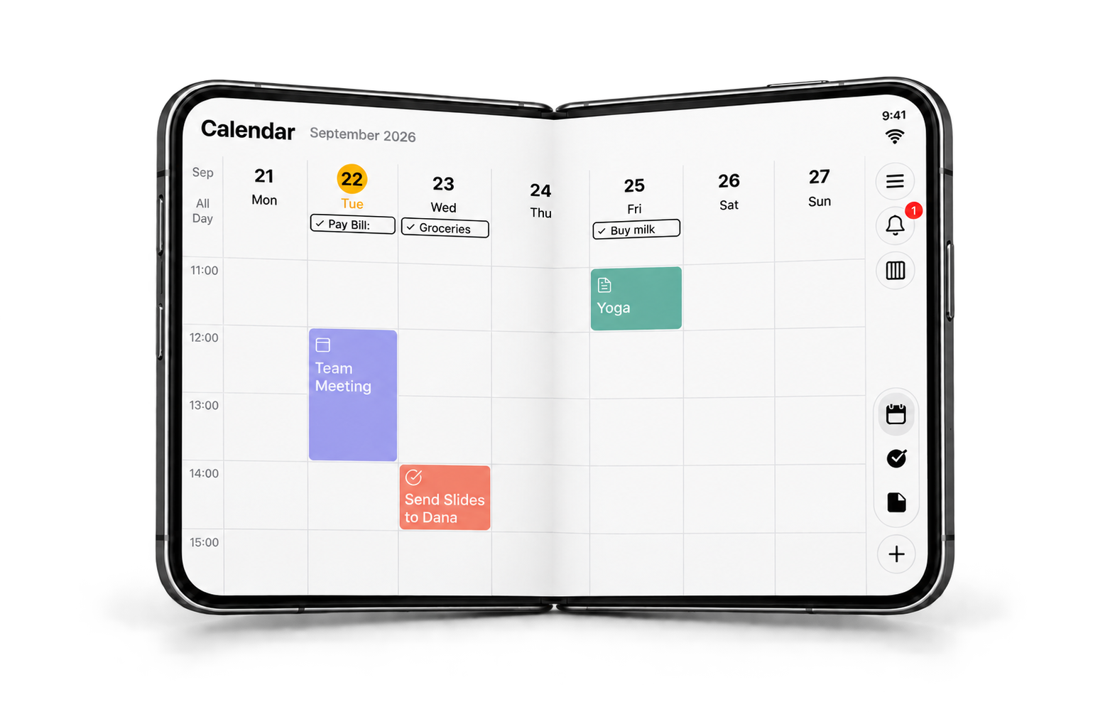 Slightly folded iPhone Duo displaying 24me's weekly calendar