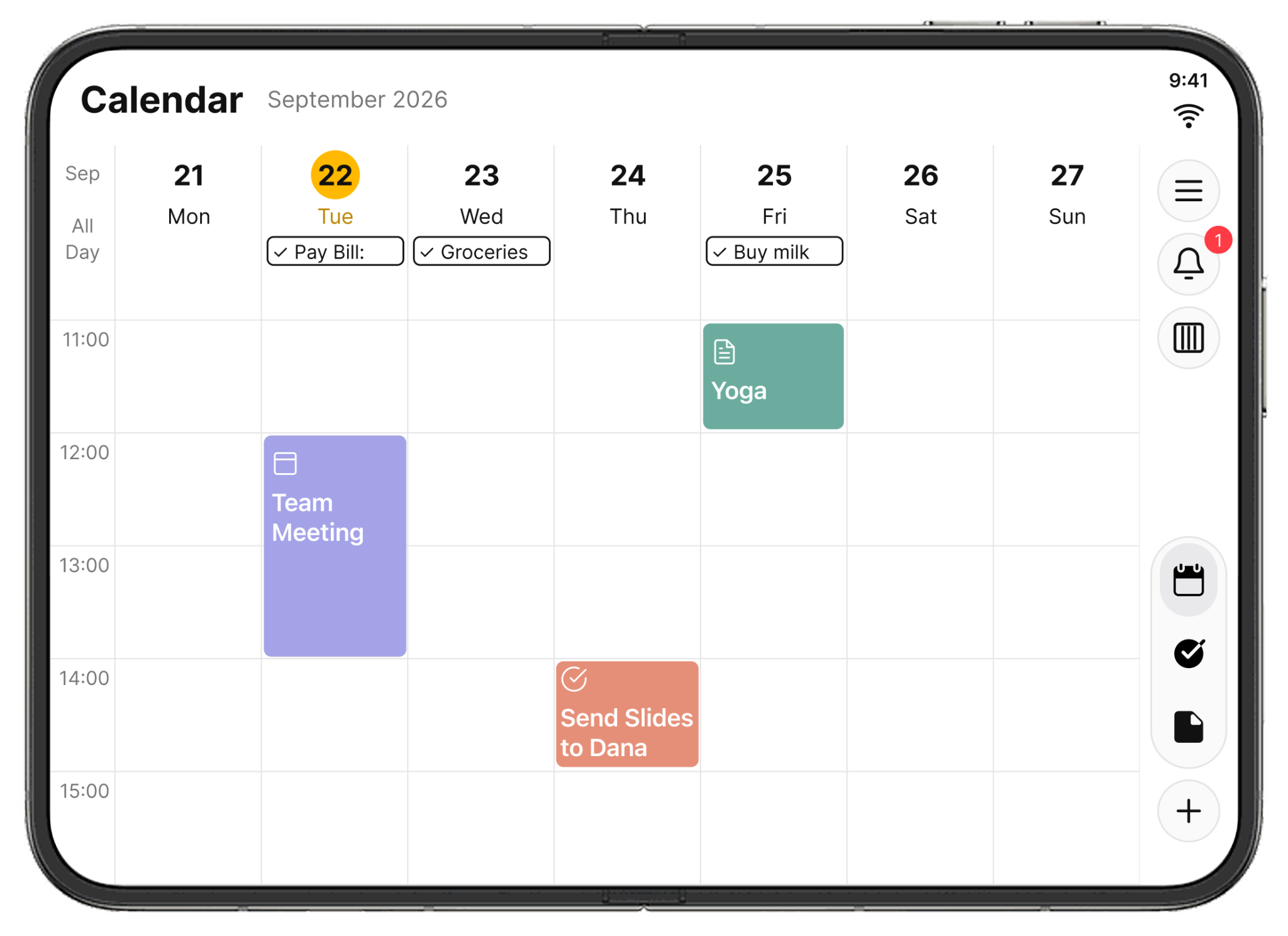 24me calendar displayed across the open iPhone Duo inner display, showing events and tasks during the week of September 21, 2026