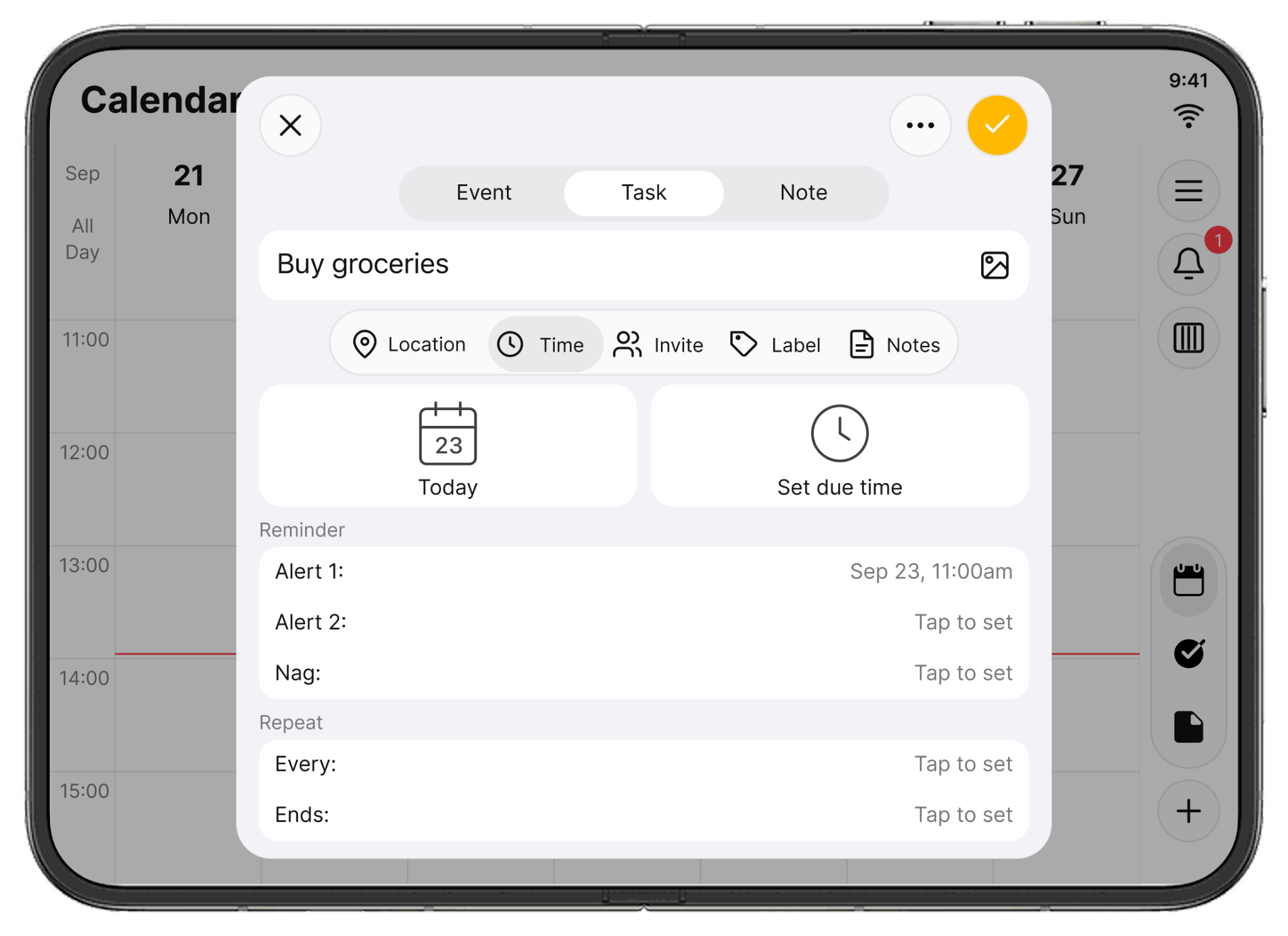 24me task editing sheet over the Calendar view on the open iPhone Duo