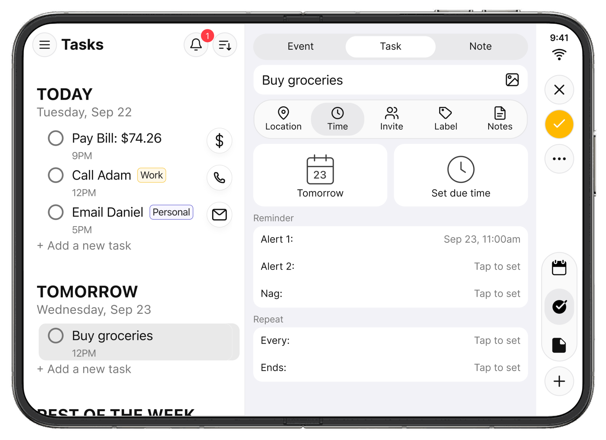 24me Tasks on the open inner display, with the task list alongside details for Buy groceries