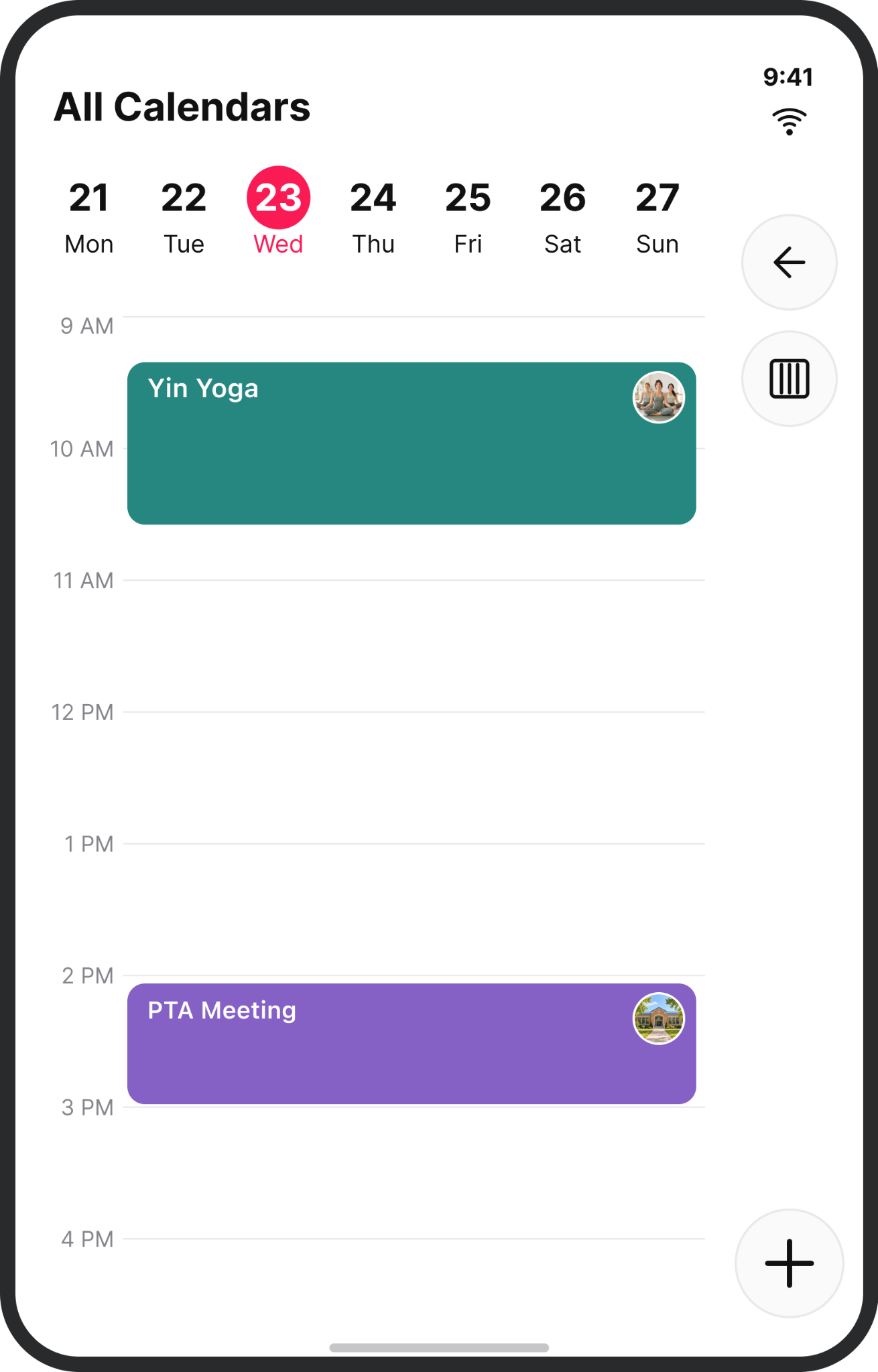 GroupCal day calendar on the closed display, showing Yin Yoga and PTA Meeting