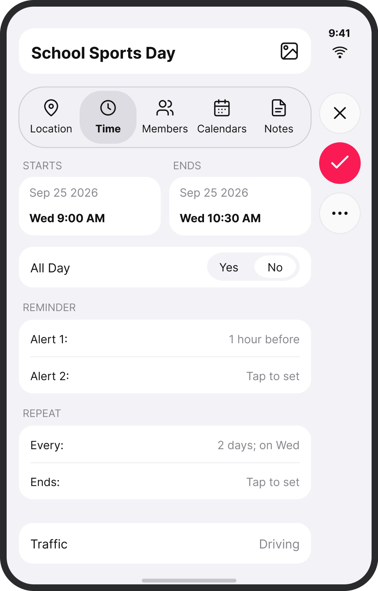 School Sports Day event editor with reminders and repeat options on the closed display