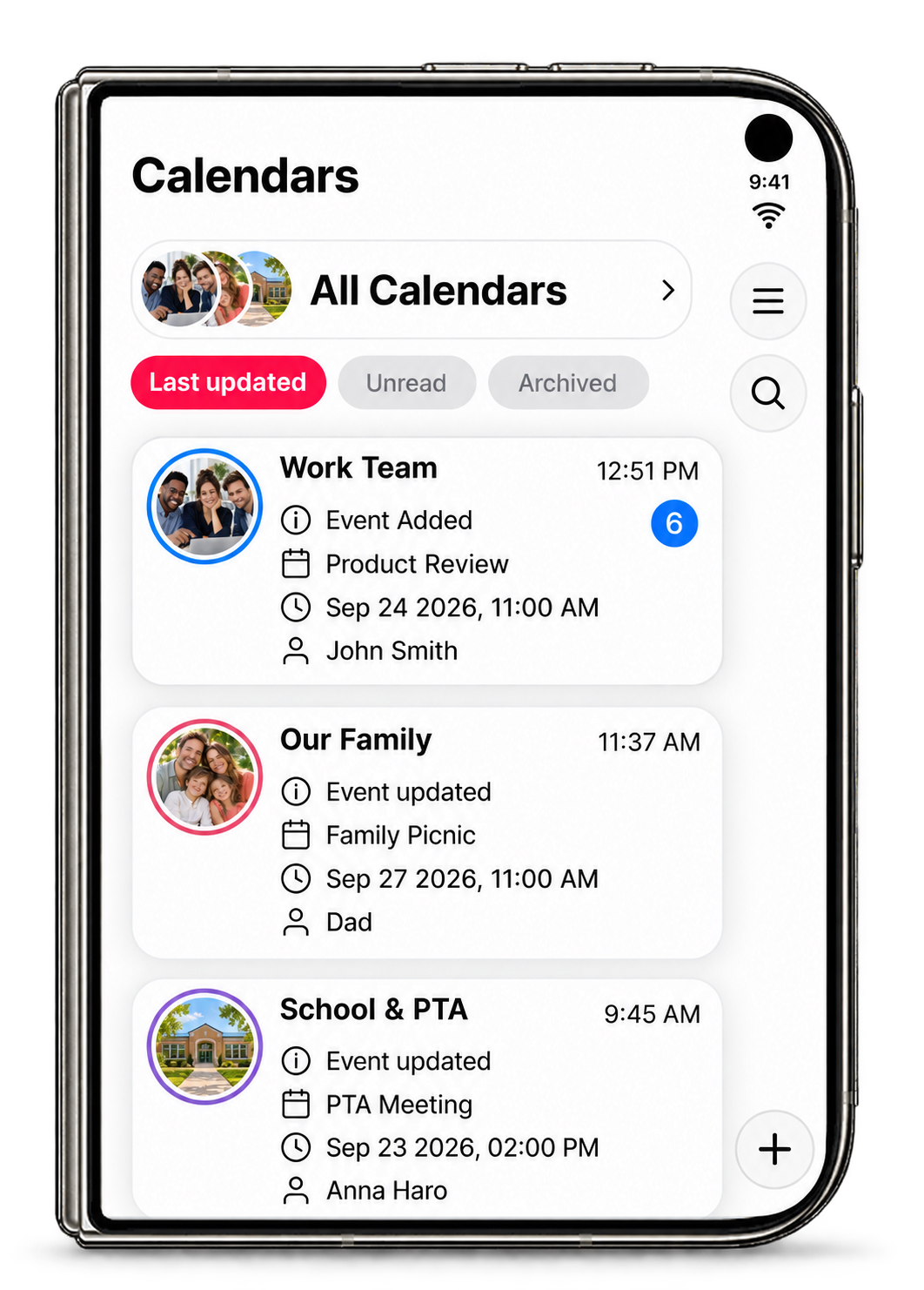 GroupCal Calendars home on the closed iPhone Duo outer display