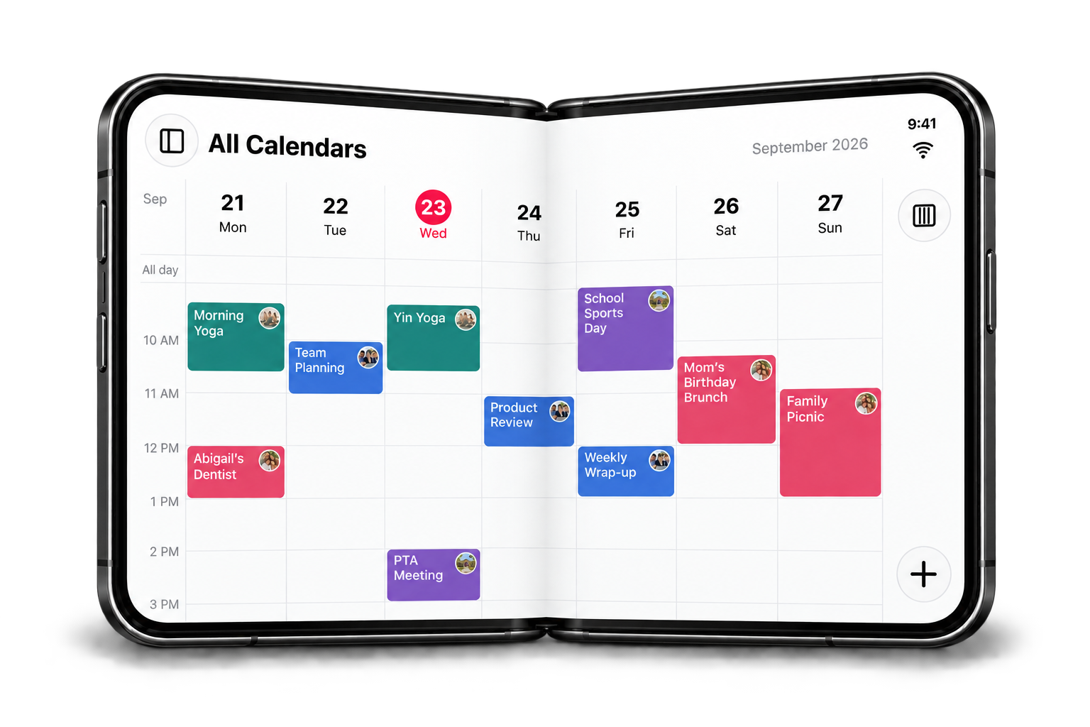 GroupCal’s shared weekly calendar on a partially folded iPhone Duo