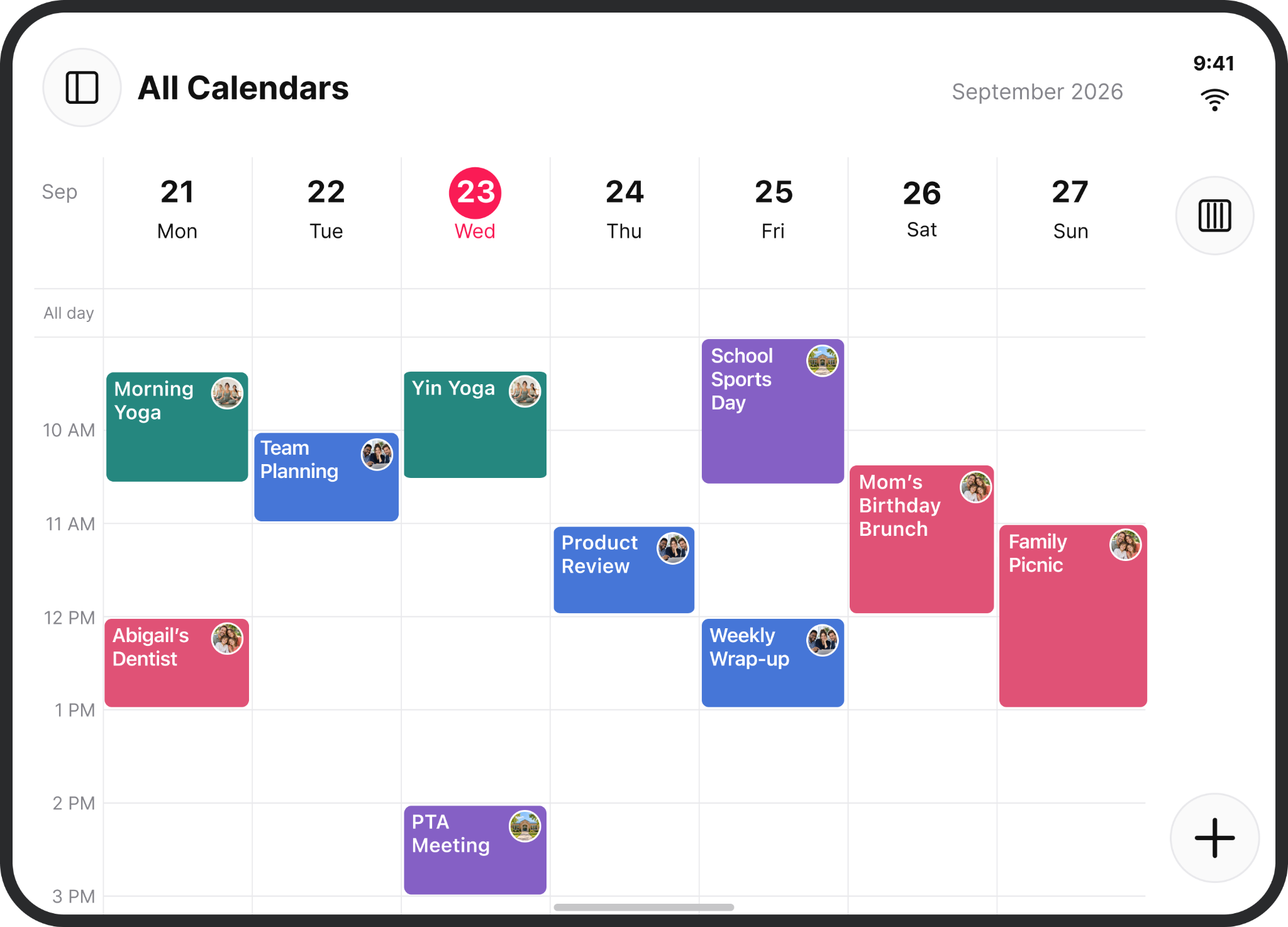 GroupCal’s All Calendars grid showing a full week of color-coded shared events