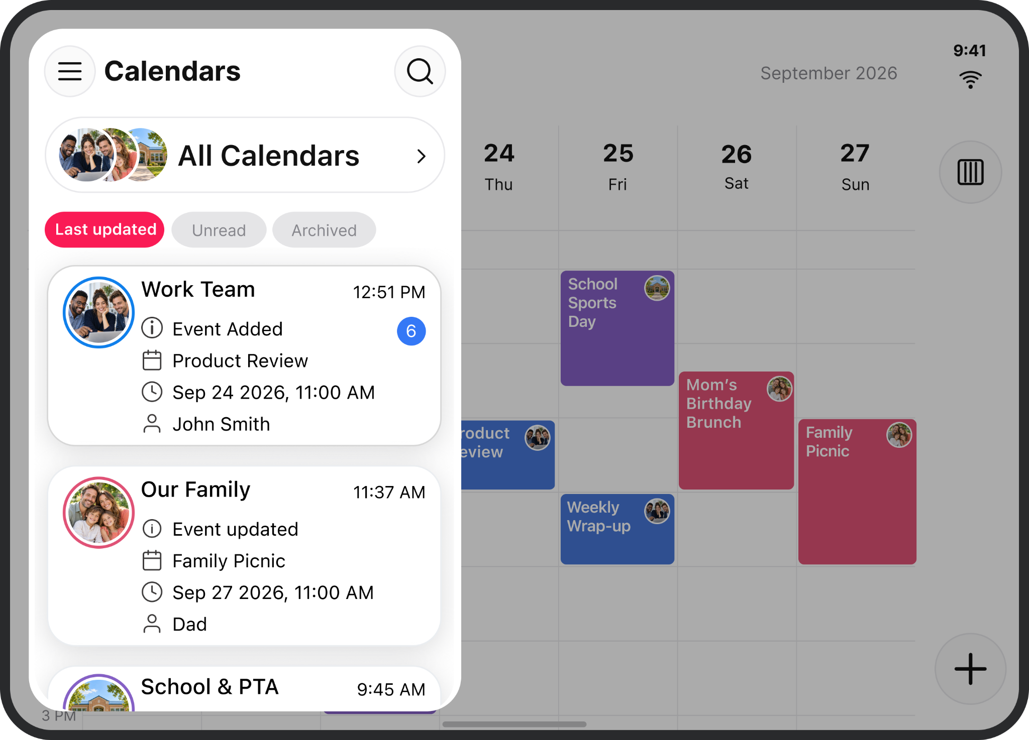 Shared calendars panel displaying recent updates from Work Team, Our Family, and School and PTA over the weekly grid