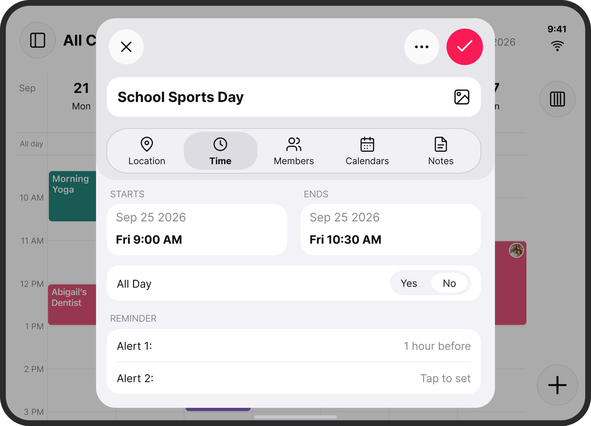 School Sports Day in a focused event editing sheet over the shared calendar
